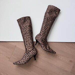Leopard Print Boots 9 Kitten Heel Pointed Toe Y2K Vintage Sock Style Knee High